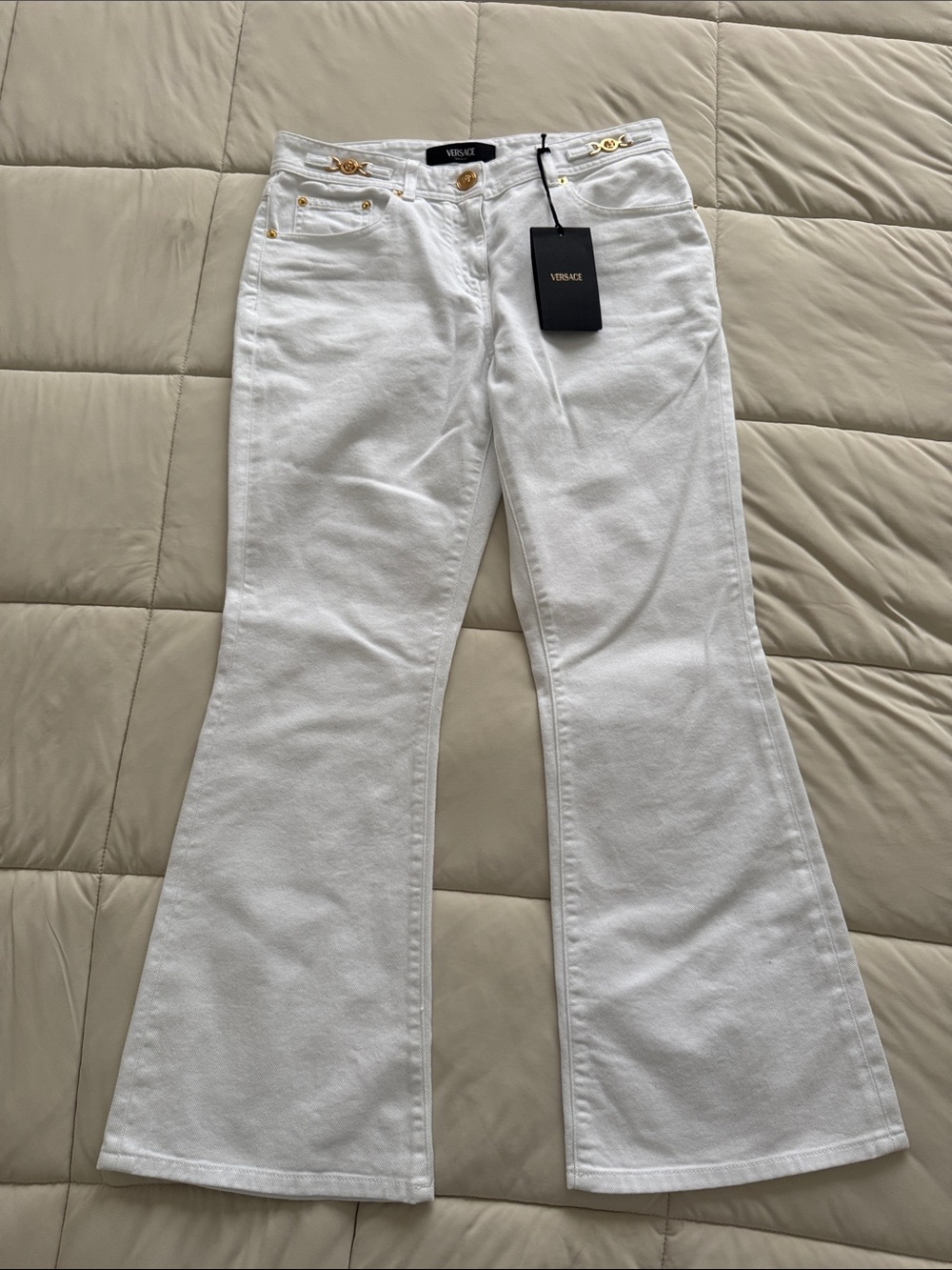 Versace White Flared Jeans with Gold Accents